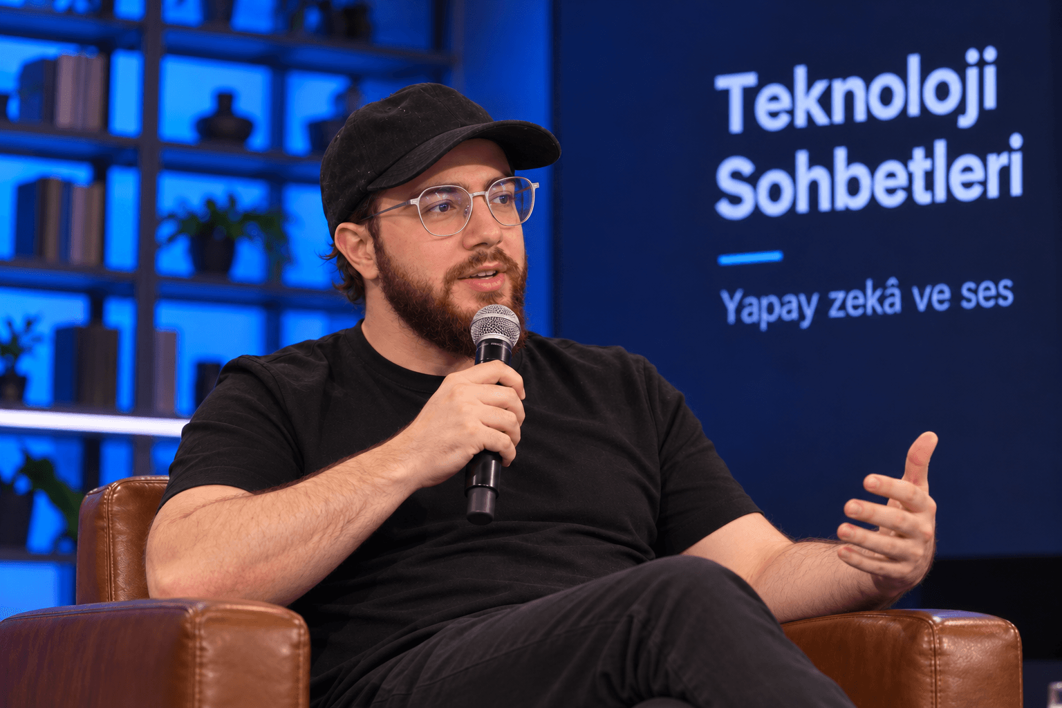 Doğucan Şaşıoğlu mikrofonla yapay zeka ve ses üzerine konuşurken.